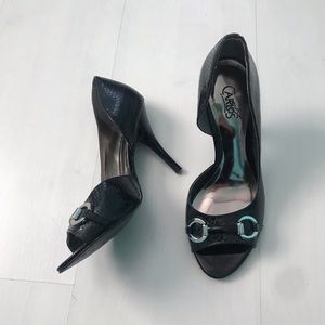 Carlos Santana | Black Snake Print Open Toe Heels